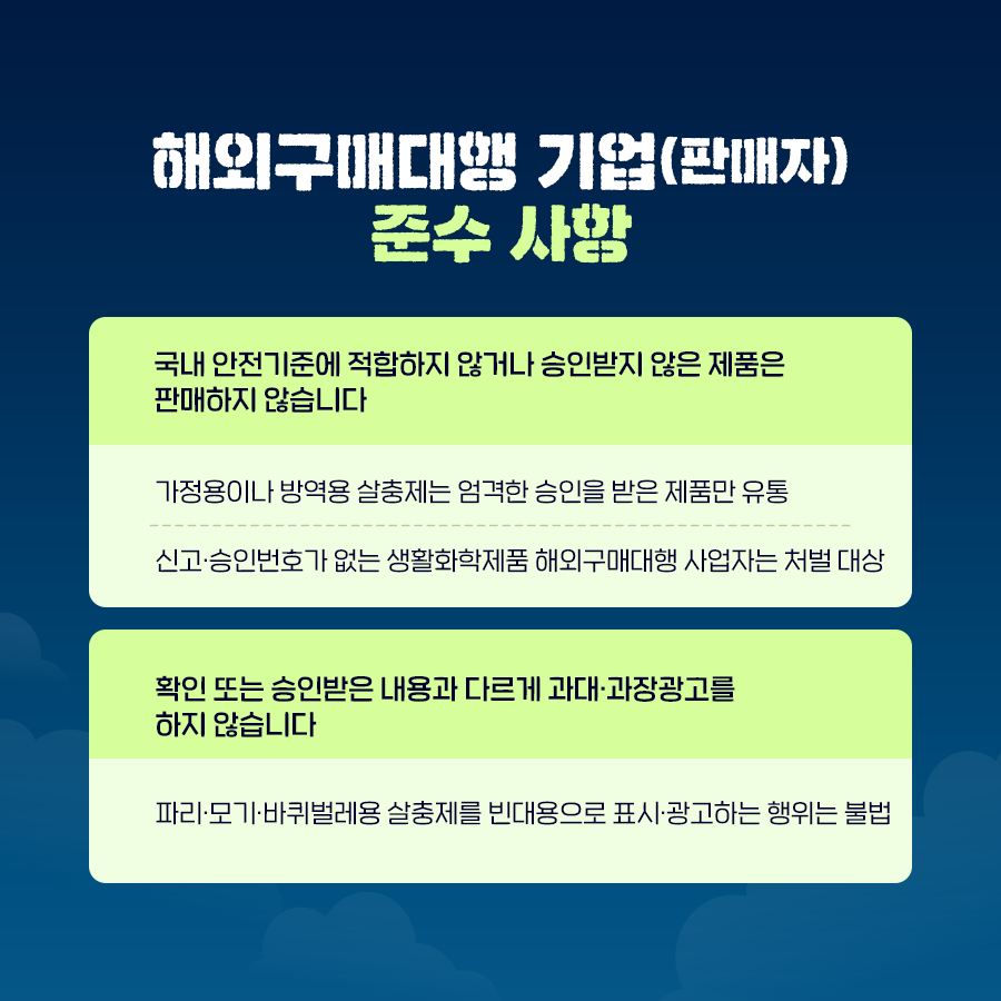 해외구매대행 기업(판매자) 준수 사항 국내 안전기준에 적합하지 않거나 승인받지 않은 제품은 판매하지 않습니다. 가정용이나 방역용 살충제는 엄격한 승인을 받은 제품만 유통 신고·승인번호가 없는 생활화학제품 해외구매대행 사업자는 처벌 대상 확인 또는 승인받은 내용과 다르게 과대·과장광고를 하지 않습니다 파리·모기·바퀴벌레용 살충제를 빈대용으로 표시·광고하는 행위는 불법