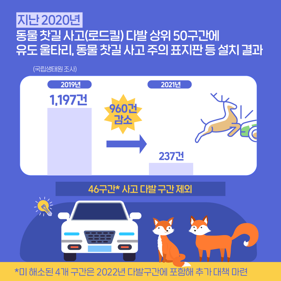 지난 2020년 동물 찻길 사고(로드킬) 다발 상위 50구간에 유도 울타리, 동물 찻길 사고 주의 표지판 등 설치 결과 2019년 1197건 960건 감소 2021년 237건 46구간 사고 다발구간 제외 미 해소된 4개 구간은 2022년 다발구간에 포함해 추가 대책 마련